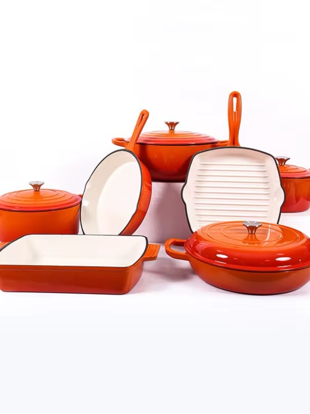 Premium Orange Enameled Cast Iron Cookware Set – Pots, Pans, Grill & Bakeware